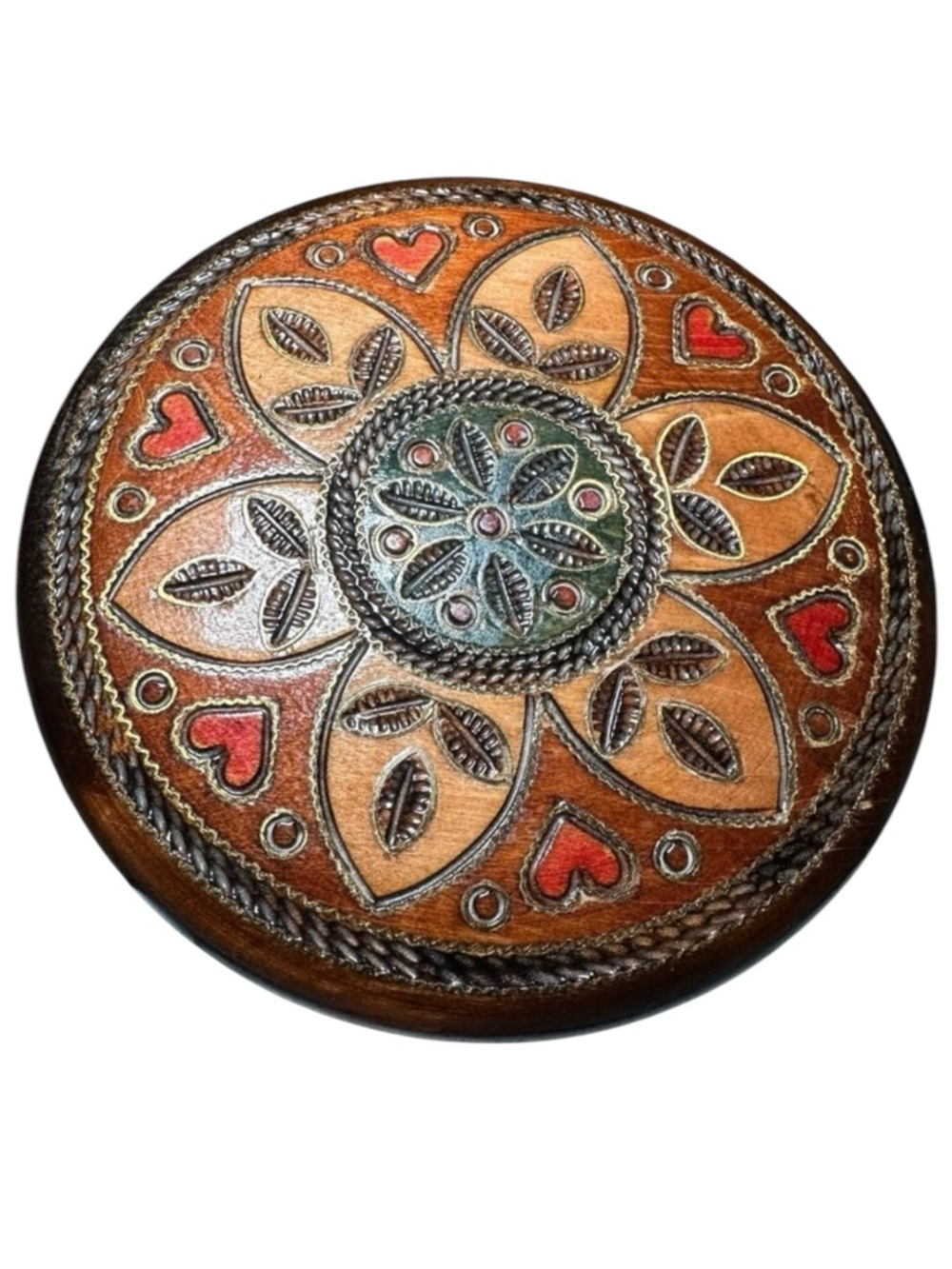 Vtg Wood carved flower heart painted trinket jewelry box. 5 in across 2 in tall